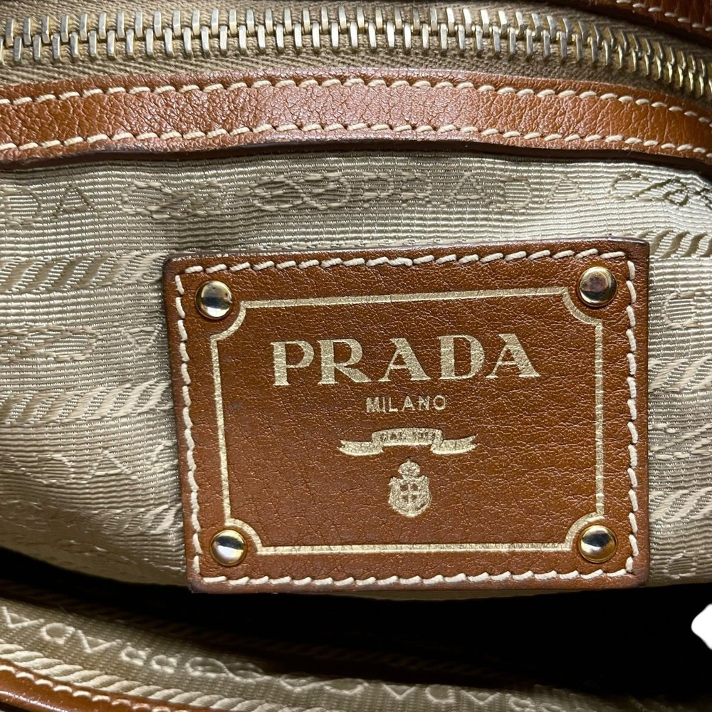 PRADA Prada Logo Jacquard Tote Bag Shoulder Denim Leather Blue Brown Gold Har... - Picture 15 of 16
